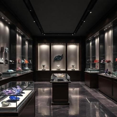 Elegant modern gemstone showroom interior with glass display cases and spot lighting