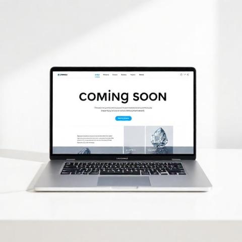 Modern laptop showing minimal gemstone brand website mockup on clean desk