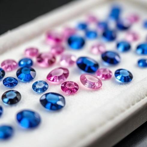 Close-up collection of blue and pink sapphire gemstones on white velvet tray, studio soft light, shallow depth of field